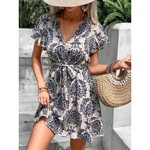 Kadın Kısa Kollu V Yakalı Beli Kuşaklı Desenli Sofya Elbise Mavi