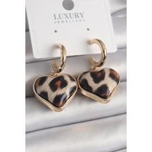 Pirinç Gold Renk 3d Kalp Leopar Model Kadın Küpe - Çok Renkli