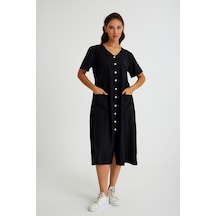 Barbora Keten Günlük Rahat V Yaka Beli Büzgü Detaylı Düğmeli Elbise Ln04siyah4 001