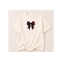 Herkesemoda Kurdele Baskı Baskılı Kadın Bisiklet Yaka Pamuklu T-shirt Krem