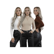 Hashtag Kadın Balıkçı Yaka Uzun Kollu Body 3'lü Set Viskon Kumaş Beyaz Bej Kahverengi