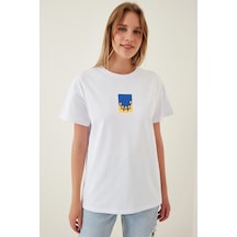 Kadın Beyaz Ördek Baskılı Bisiklet Yaka Oversize Pamuklu T-shirt Beyaz