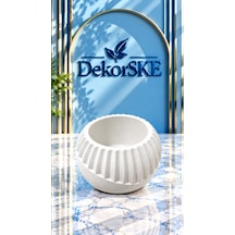 Dekorske - Taş Tozu Fitilli Saksı Ve Mumluk - 6x9 Cm - El Yapımı Kabartmalı Dekoratif Mini Saksı Ve Çok Amaçlı Ev Dekoru Beyaz