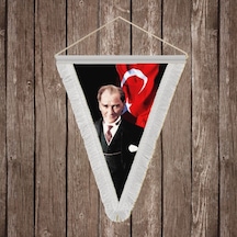 Atatürk Ve Atatürk İmzalı Türk Bayrağı Beyaz Saçaklı Üçgen Flama Bayrak Hatıra Flama Ata51 Diğer