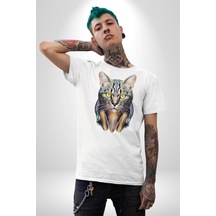 Kulaklık Kedi Unisex Unisex Beyaz Organik Baskılı T-shirt Penye Yüksek Kalite Beyaz