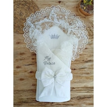 Dantelli Özel Taçlı Bebek Kundağı Unisex Bebek Dış Kundak Battaniyesi Hastane Çıkışı Hediyelik Knd45302 Ekru