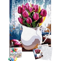 Sayılarla Boyama Seti 40 x 50 CM Tuval Şasesine Gerili Beyaz Vazodaki Kırmızı Laleler