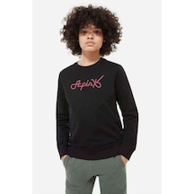 Tshirthane Apink Logo Yazı Baskılı Unisex Çocuk Siyah Sweatshirt Siyah