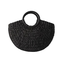 Kadın Çanta Hasır Dokuma Yarım Yuvarlak Plaj Çantası Büyük Kapasiteli Siyah