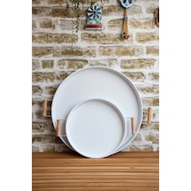 Kitchen Trend Ahşap Kulplu Metal Tepsi 2'li 45 CM+Beyaz Çay Kahve Sunum Tepsisi 30 CM