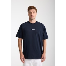 Cool Tarz Erkek Lacivert Milano Nakış Yazılı Oversize Bisiklet Yaka T-shirt Lacivert Lacivert