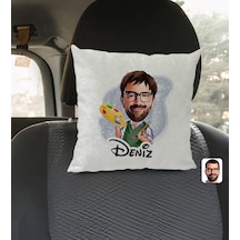Bk Gift Kişiye Özel İsimli Erkek Ressam Karikatürlü Kare Araç Koltuk Yastığı-1 Çok Renkli