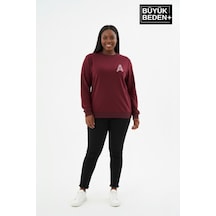 Süperlife Kadın Büyük Beden A Baskılı Bisiklet Yaka İnce Sweatshirt Spr26bswk956-12 Bordo