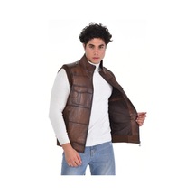 Hakiki Deri Manşetli Erkek Deri Yelek Kahverengi Kahverengi