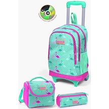 Kids Lacivert Civit Robot Desenli Çekçekli 3'lü Çanta Seti Set0123380 Su Yeşili Neon Pembe Çok Renkli