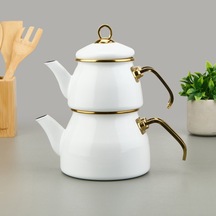 İpekk Doroty Emaye Çaydanlık - Beyaz / Altın - 2 Lt + 1,2 Lt Renkli