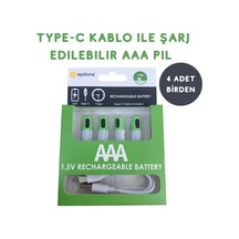 Usb Type-c İle Şarjolabilen 4 Adet Aaa 1.5v Lityum Şarjlı Kalem Pil 750 Mah Uzun Ömürlü