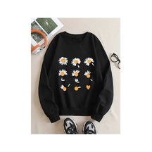 Herkesemoda Papatya Desen Detaylı Bisiklet Yaka İçi Polarlı Sweatshirt Siyah