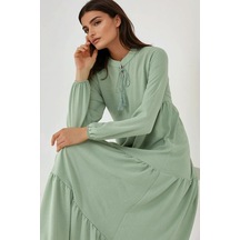 Hiccup Dokulu Bağlama Detaylı Bisiklet Yaka Modest Elbise Nane Yeşili