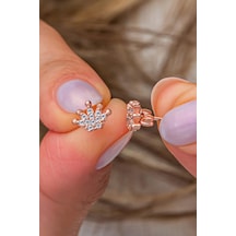 925 Ayar Gümüş Rose Kaplama Minimal Kral Tacı Küpe Pembe Altın