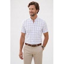 Tudors Erkek Regular Fit Klasik Kesim %100 Pamuk Kısa Kollu Kareli Keten Efektli Cepli Saks Mavi Gömlek-50247 Saks Mavisi