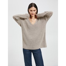 Koton V Yaka Süveter Oversize Uzun Kollu Kaşmir Dokulu Vizon 4wak90041ht