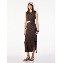 Koton Pamuklu Pencere Detaylı Kolsuz Bisiklet Yaka Midi Slip Elbise Kahverengi 6sal80007ık Kahve