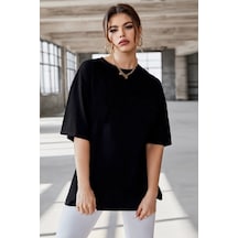 Düz Basic T-shirt - Siyah Oversize Bisiklet Yaka Kısa Kol Tişört Siyah