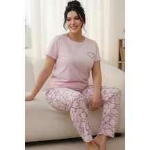Siyah İnci Desenli Pamuklu Büyük Beden Battal Boy Örme Pijama Takım 26113865 Pembe