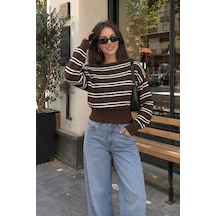 Sayzen Your Shine Trend Kayıkçı Yaka Çizgili Kadın Triko Kazak Kahverengi