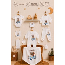Pia Baby 10 Parça İsme Özel Erkek Bebek Hastane Çıkışı %100 Pamuk Organik Baskılı 101310yx Ekru