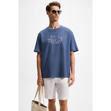 Grımelange BONDIA Erkek Baskı Detaylı %100 Organik Pamuk Oversize Fit Bisiklet Yakalı Kısa Kollu İndigo T-Shirt
