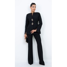 Dorne Moda Kadın Gold Halka Düğme Detaylı Ceket Pantolon Takım kahverengi