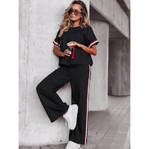 Veraura Lifestyle Kadın Kısa Kollu Bisiklet Yakalı Ribanalı Viskon Iki Iplik Bluz Ve Pantolon Ikili Takım Siyah