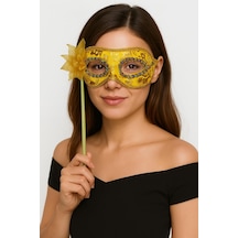 Lüks Taşlı Saplı Maskeli Balo Maskesi Altın Renk 35 Cm 2 "