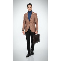 Plus Scorpion Ekoseli Slim Fit Erkek Blazer Ceket Şık Modern Tasarım, Tek Düğmeli Kiremit