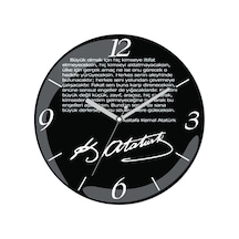 Atatürk Kimseye İltifat Etmeyeceksin Çap 30cm Sessiz Akar Bombeli Gerçek Cam Duvar Saati Siyah