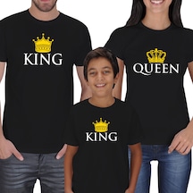 King Queen Aile Tişört Kombini Anne Baba Oğul Kısa Kol Siyah