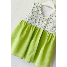 Dantel Detaylı Çiçek Desenli Kolsuz Kruvaze Yeşil Kız Çocuk Bebek Elbise 001