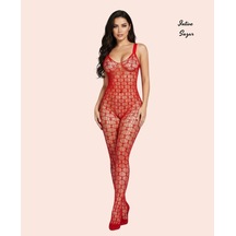 Intive Lingerie Intive Sugar Kırmızı Tamamı File Geometrik Kesim Tasarım Kalın Askılı Ağı Açık Vücut Çorabı