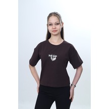 Toontoy Kids Toontoy Kız Çocuk Bisiklet Yaka Kısa Kollu Baskılı Tişört 24972 Kahverengi