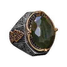 El Yapımı Vintage Tasarım Zümrüt Yüzük - 925 Ayar Gümüş Erkek Yüzük Altın Detaylarla Jade Gümüş