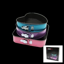 3 Parça Set Metal Kek Kalıp Kelepçeli Kalp - Kare - Yuvarlak 5365 Çok Renkli