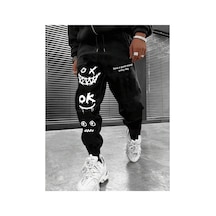 Tarzsokak Cartoon & Slogan Graphic Drawstring Waist Eşofman Altı Siyah