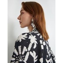 Koton Oversize Kimono Viskon Keten Karışımlı Yarım Kollu Cepli Siyah Desenli 4sak50030ew Beyaz - Siyah