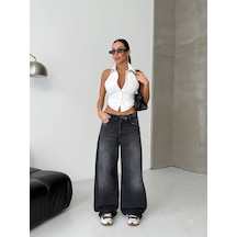 Herton Baggy Wide Leg Kadın Jean Pantolon %100 Cotton Düşük Bel Bol Paça Koyu Gri