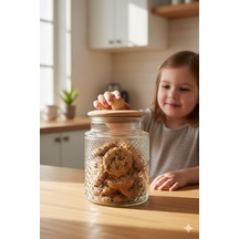 Themia Ahşap Kapaklı Cam Kavanoz & Erzak Saklama Kabı Seti 1800 Cc Vakum Kapak Şeffaf