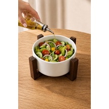 Ahşap Standlı Seramik Kase Bowl Salata Tabağı Sunumluk Ve Sosluk 14 Cm