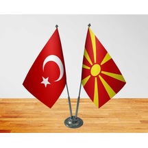 Masa Üstü Makedonya Bayrağı Türk Bayrağı İkili Krom Direk Masa Ba