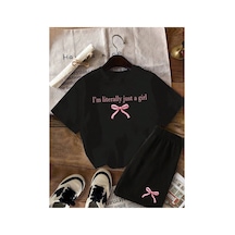 Ss Sinser Yazlık I'm Pembe Kurdele Baskılı Kız Çocuk Siyah Alt-üst Şort T-shirt Takım